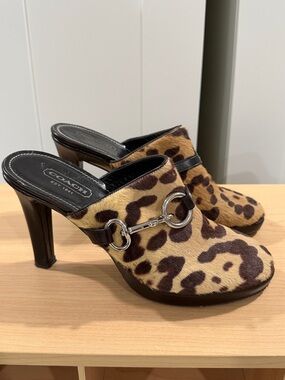 Coach P582 Karsen Calf Hair Leopard Print Leather Mule Heels - Brown